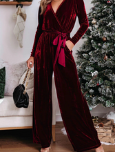 Load image into Gallery viewer, Red Velvet Pocketed Cut out Back Wide Leg Jumpsuit