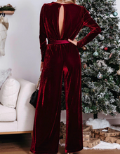 Load image into Gallery viewer, Red Velvet Pocketed Cut out Back Wide Leg Jumpsuit