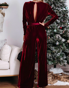 Red Velvet Pocketed Cut out Back Wide Leg Jumpsuit