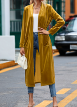 Load image into Gallery viewer, Pre-Order Yellow Velvet Open Front Pocketed Long Cardigan