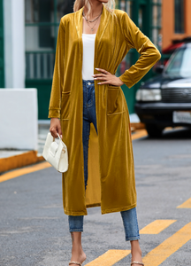 Pre-Order Yellow Velvet Open Front Pocketed Long Cardigan