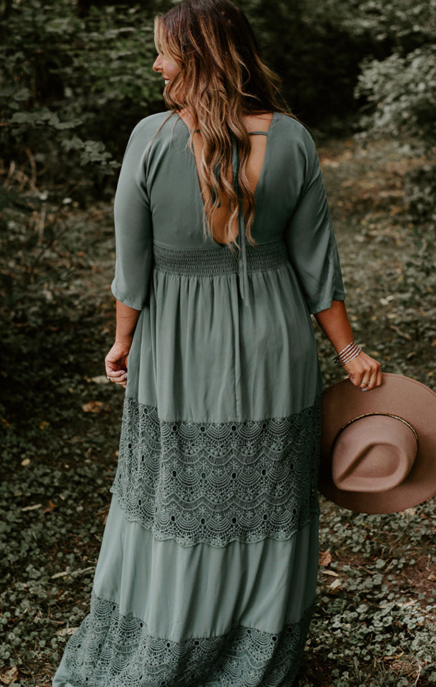 Pre-Order Mist Green Plus Size 3/4 Sleeve Smocked Lace Decor Maxi Dres Worn & Refined Pre-Order Mist Green Plus Size 3/4 Sleeve Smocked Lace Decor Maxi Dres Worn & Refined
