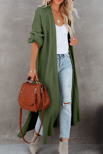 Pre-Order Green Open Front Side Slit Duster Knit Cardigan