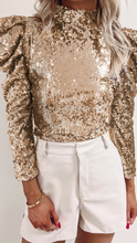 Load image into Gallery viewer, Sequin Mock Neck Bubble Sleeve Top