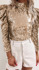 Sequin Mock Neck Bubble Sleeve Top