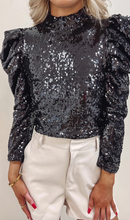 Load image into Gallery viewer, Sequin Mock Neck Bubble Sleeve Top