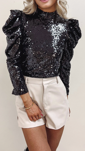 Sequin Mock Neck Bubble Sleeve Top