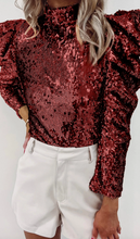 Load image into Gallery viewer, Sequin Mock Neck Bubble Sleeve Top