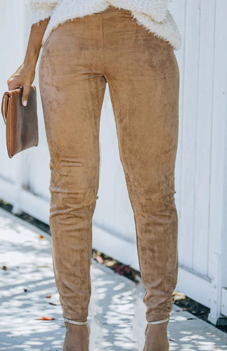 Camel High Rise Faux Suede Skinny Pants