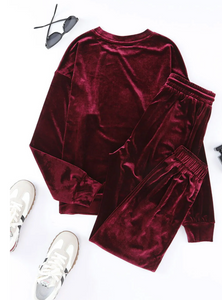 Fiery Red Solid Velvet Two Piece Lounge Set