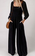 Load image into Gallery viewer, Black Smocked Square Neck Long Sleeve Wide Leg Jumpsuit