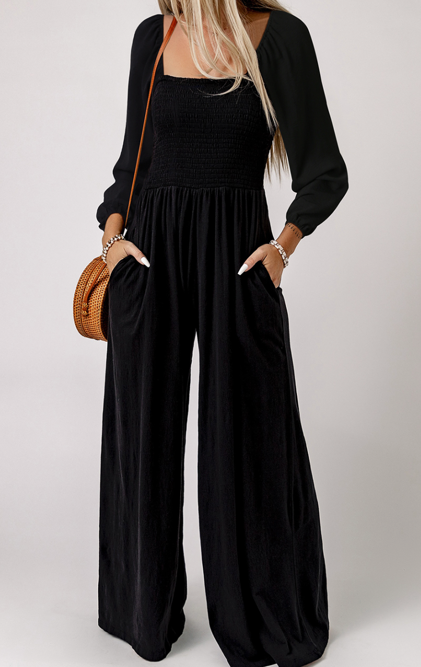 Black Smocked Square Neck Long Sleeve Wide Leg Jumpsuit