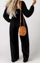 Load image into Gallery viewer, Black Smocked Square Neck Long Sleeve Wide Leg Jumpsuit