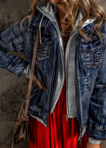 Pre-Order Blue Fake Two-Piece Hooded Zip-Up Denim Jacket