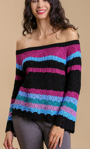 Color Block Long Sleeve Pointelle Knit Pullover Sweater