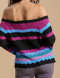 Color Block Long Sleeve Pointelle Knit Pullover Sweater