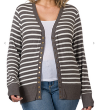 Load image into Gallery viewer, Charcoal w/ White Stripes Long Sleeve Snap Cardigan