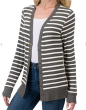 Load image into Gallery viewer, Charcoal w/ White Stripes Long Sleeve Snap Cardigan