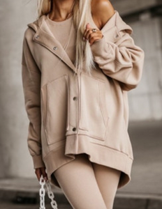 Pre-Order Beige Solid Color Pocketed Button Up Loose Hoodie