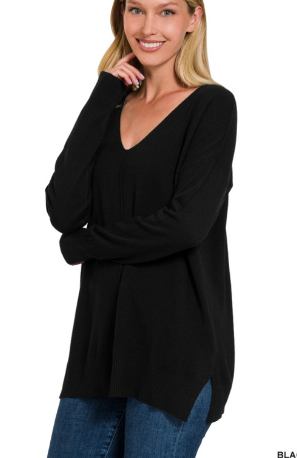 Black Friday SALE Black V-Neck Front Seam Sweaters
