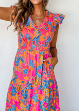 Load image into Gallery viewer, Rose Red Boho Floral V Neck Ruffle Tiered Long Dress