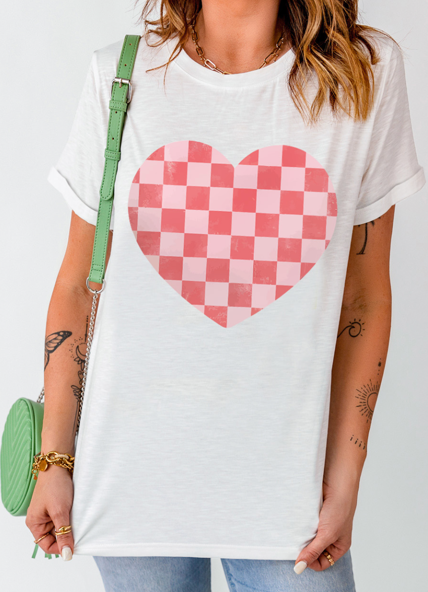 Checkered Heart Print Valentines T-shirt