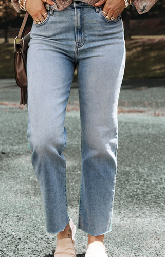 Pre-Order Light Blue Acid Wash Raw Edge Straight Jeans
