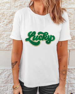 White St. Patrick Lucky Chenille Glitter Patched Graphic T Shirt – Worn &  Refined
