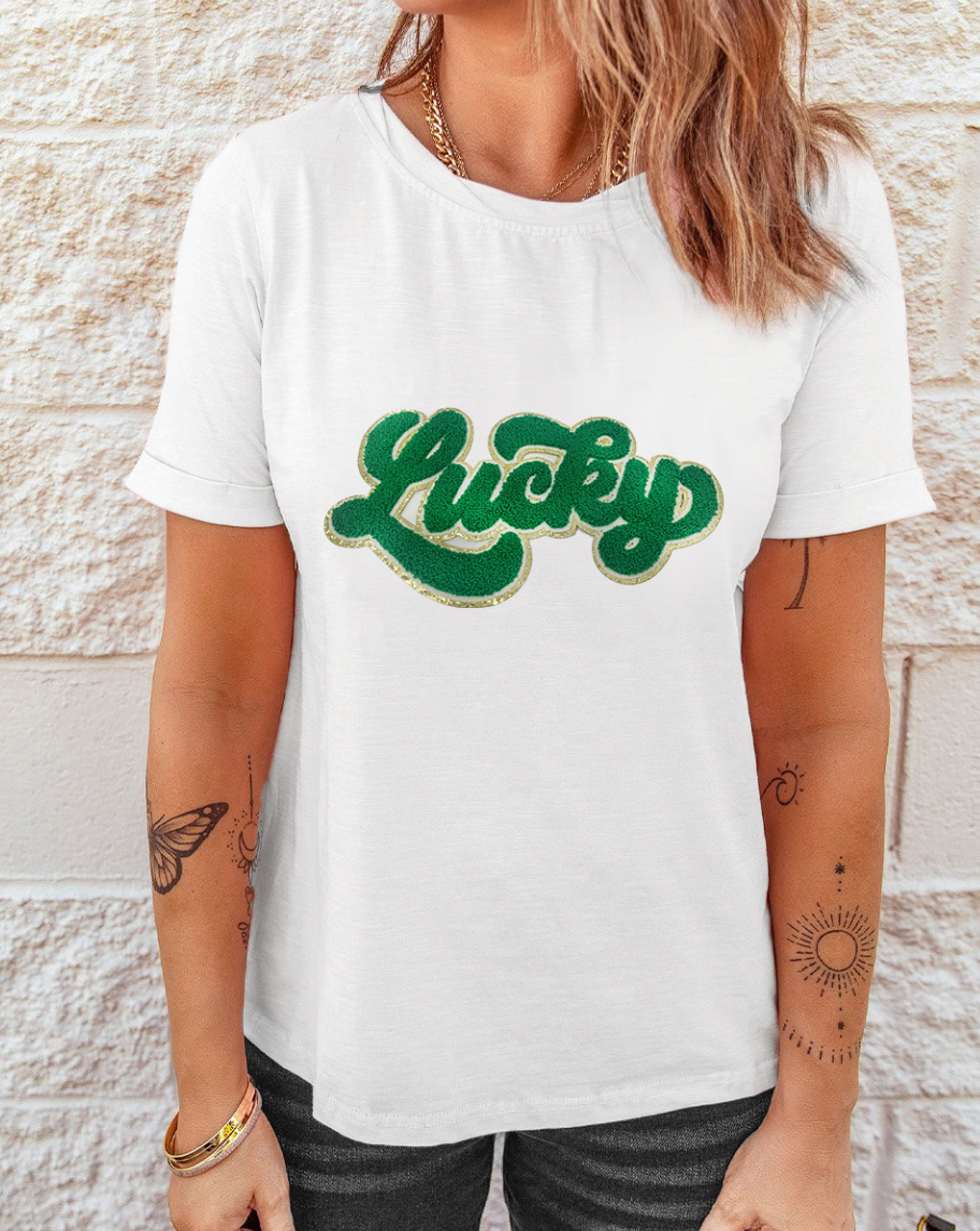 White St. Patrick Lucky Chenille Glitter Patched Graphic T Shirt