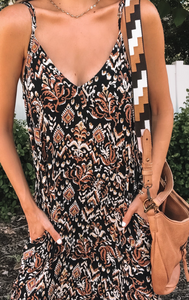 Black Boho Retro Printed Spaghetti Strap V Neck Maxi Dress