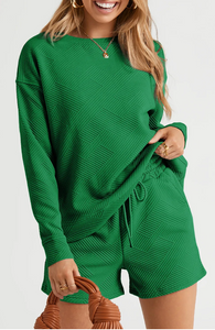 Green Textured Long Sleeve Top and Drawstring Shorts Set