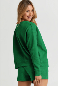 Green Textured Long Sleeve Top and Drawstring Shorts Set