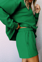 Load image into Gallery viewer, Green Textured Long Sleeve Top and Drawstring Shorts Set