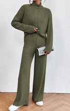 Load image into Gallery viewer, Jungle Green Ribbed Knit High Neck Loose Top and Pants Set