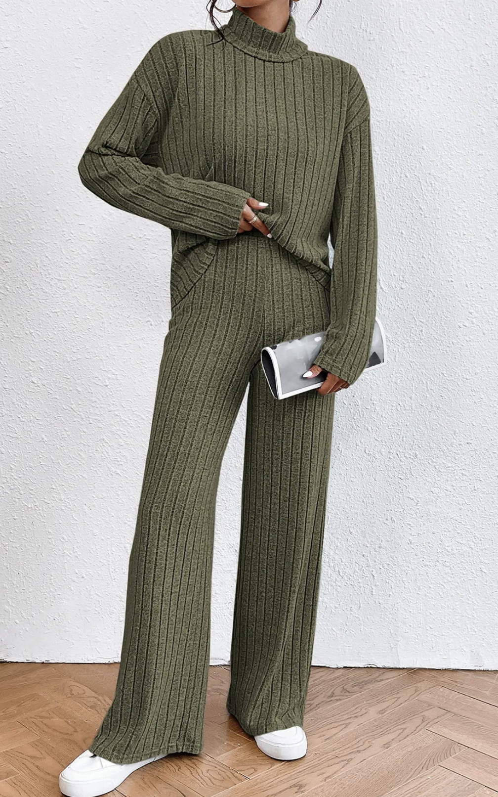 Jungle Green Ribbed Knit High Neck Loose Top and Pants Set