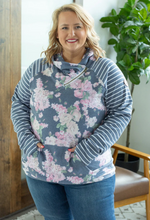 Load image into Gallery viewer, Classic Zoey ZipCowl Sweatshirt - Navy Floral Pattern Mix