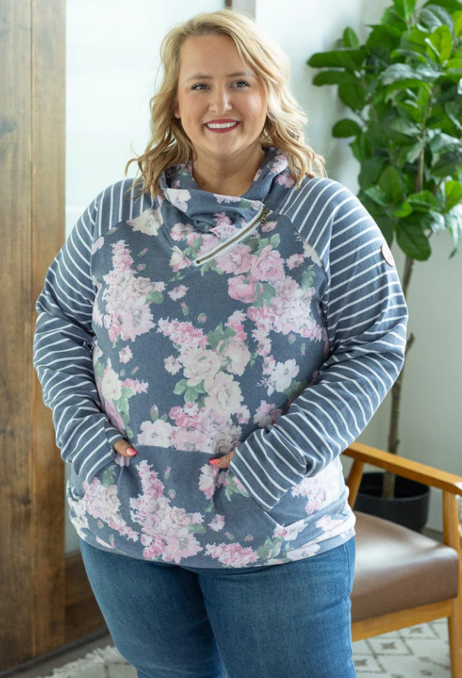 Classic Zoey ZipCowl Sweatshirt - Navy Floral Pattern Mix