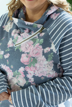 Load image into Gallery viewer, Classic Zoey ZipCowl Sweatshirt - Navy Floral Pattern Mix