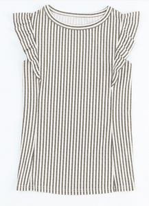 Pre-Order Gray Crew Neck Ruffled Striped Tank Top