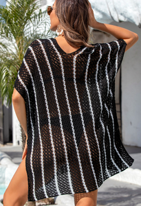 Striped Crochet Loose Fit V Neck Beach Cover Up