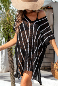 Striped Crochet Loose Fit V Neck Beach Cover Up