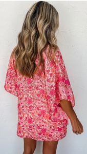 Pink Boho Floral Print V Neck Oversized Blouse