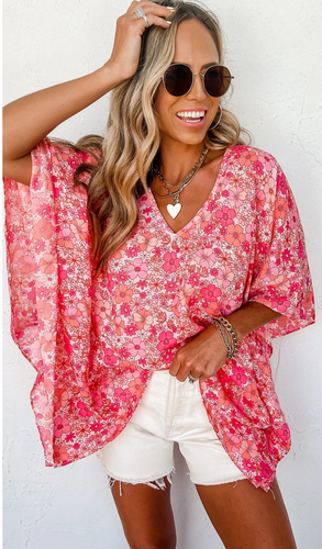 Pink Boho Floral Print V Neck Oversized Blouse