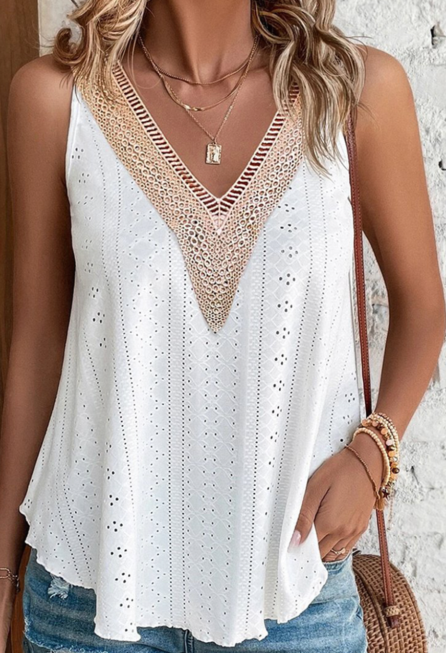 White Lace Crochet Splicing V Neck Loose Fit Tank Top