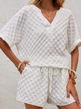 Load image into Gallery viewer, Pre-Order White Textured Split Neck Top and Drawstring Shorts Set