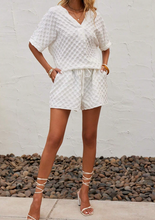 Load image into Gallery viewer, Pre-Order White Textured Split Neck Top and Drawstring Shorts Set