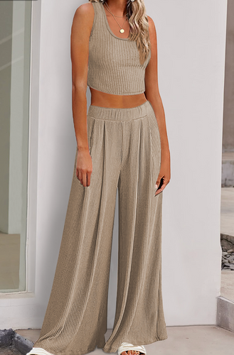 Pre-Order Textured Sleeveless Crop Top and Wide Leg Pants Outfit