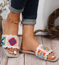 Load image into Gallery viewer, White Crochet Square Toe Flat Slides