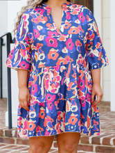 Load image into Gallery viewer, Pre-Order Blue Plus Size Floral Print Ruffled 3/4 Sleeve Mini Dress