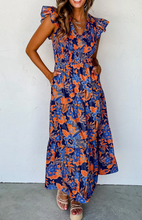 Load image into Gallery viewer, Pre-Order Blue Boho Floral V Neck Ruffle Tiered Long Dress